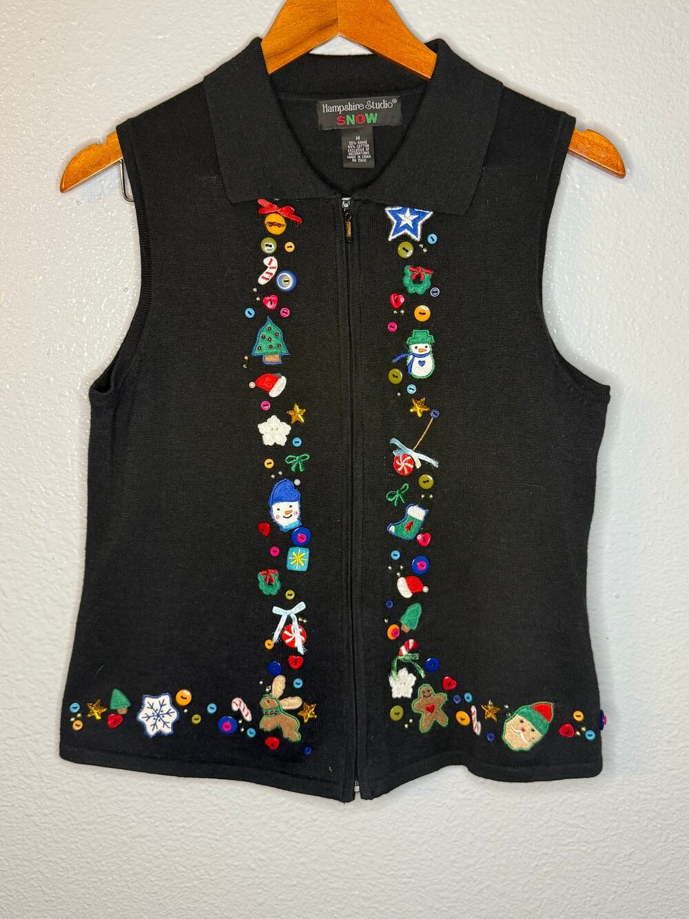 Hampshire Studio Christmas Vest Trees Snowmen Ramie Cotton Sweater Zipper Size M